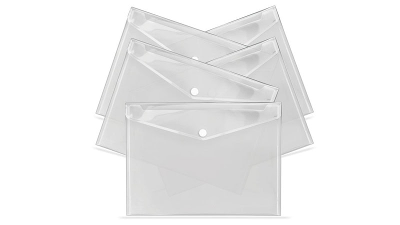 Four clear plastic envelopes set against a plain background. The envelopes are smooth and transparent, designed for neat document storage or presentation.