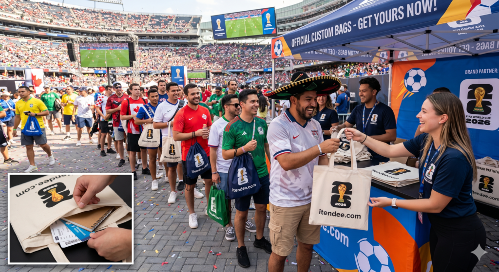 Scene of fans receiving branded bags at the World Cup site