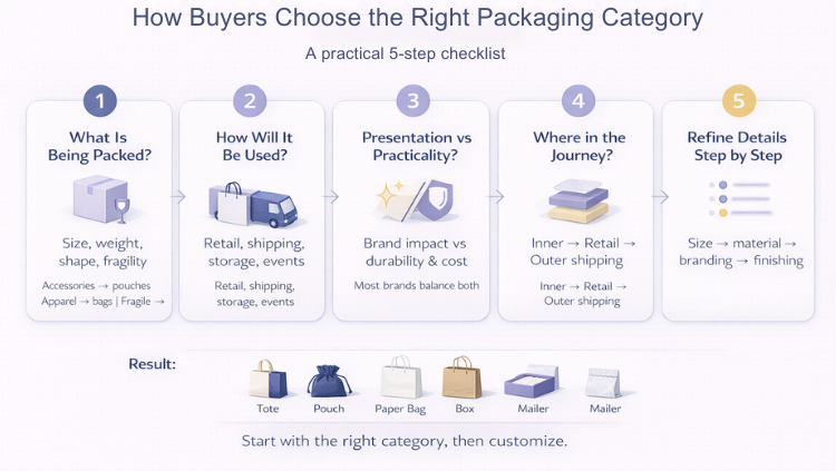 Infographic showing a five-step checklist for choosing the right packaging type