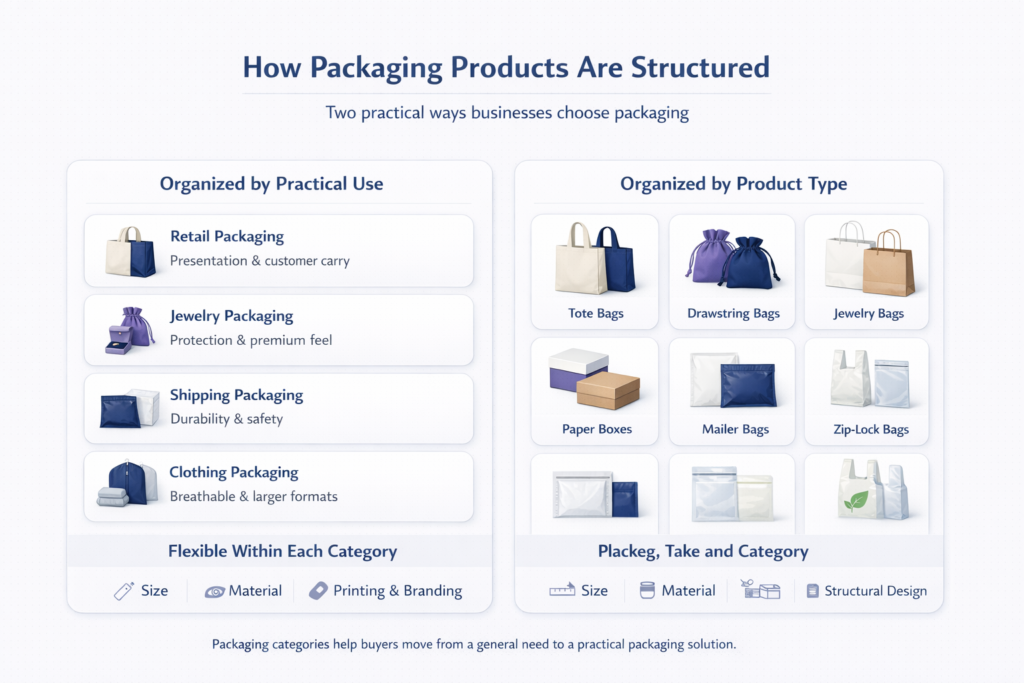Infographic explaining packaging categories by practical use and product type.