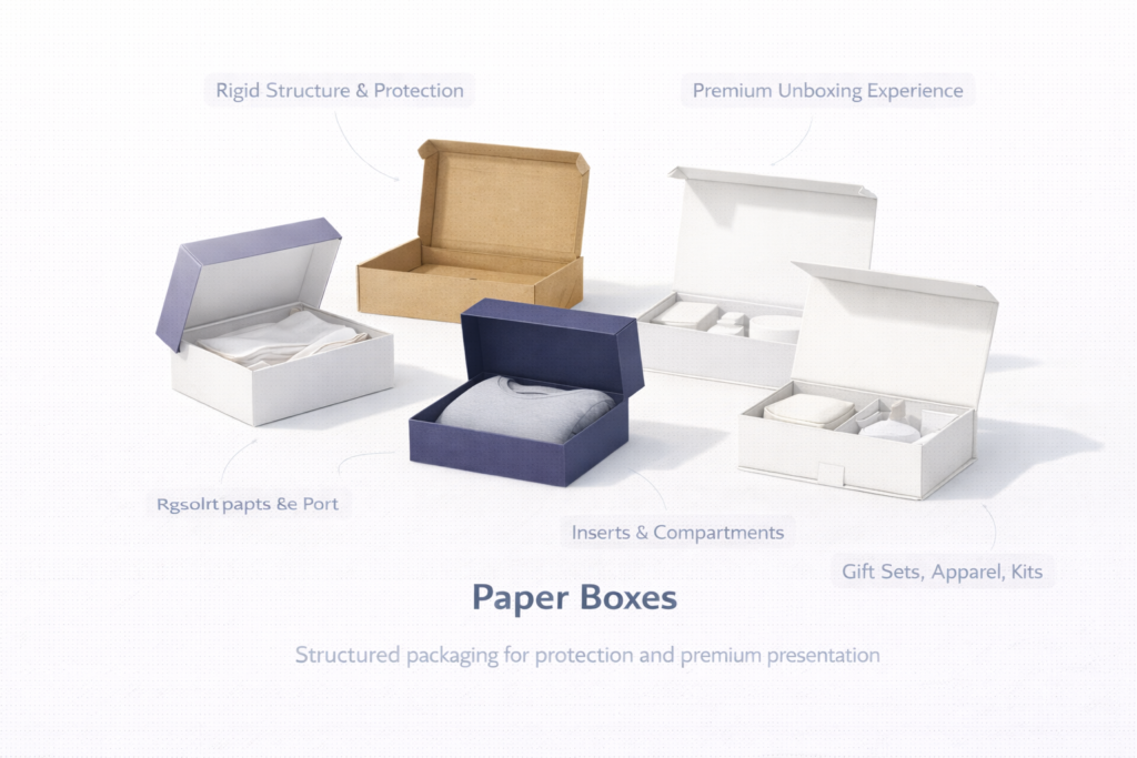 Rigid and foldable paper boxes used for premium product packaging.