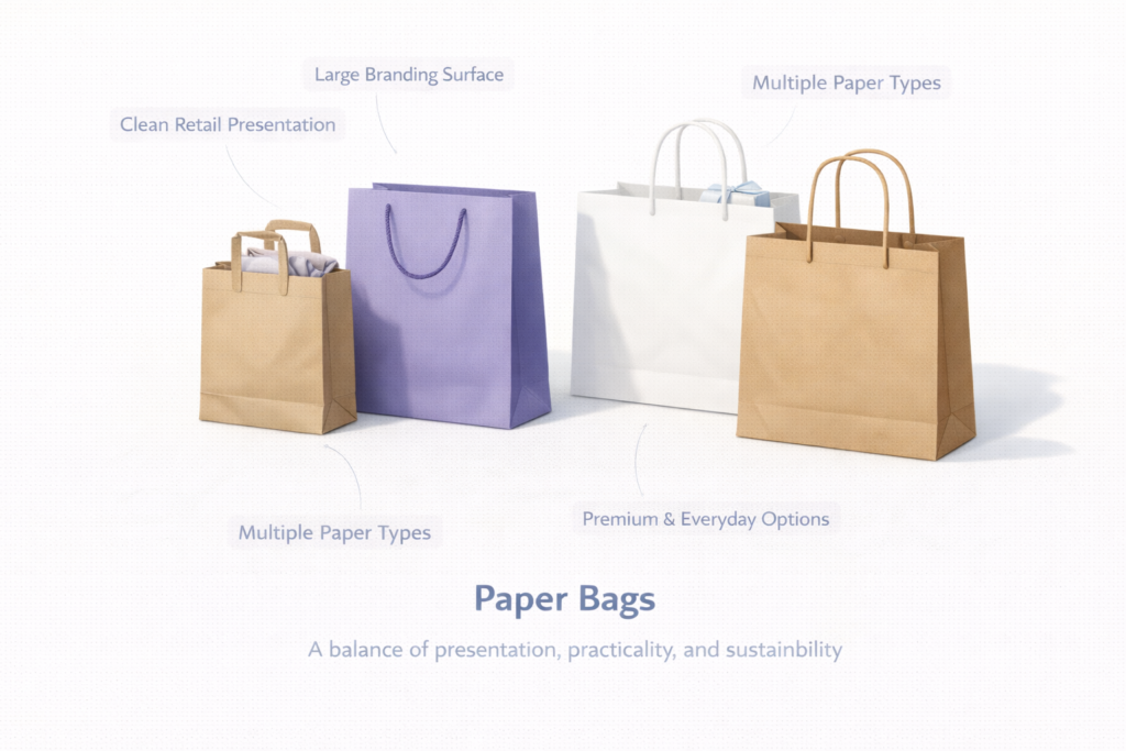 Various retail paper bags with different finishes and handle styles.