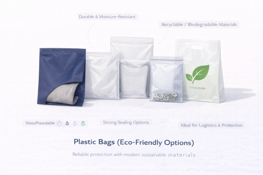 Eco-friendly plastic packaging bags, including mailers, zip-lock, and poly bags.