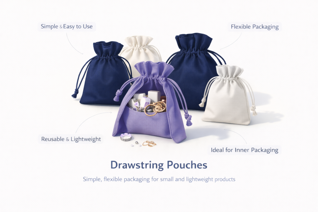 Drawstring pouches in different materials used for small product packaging.