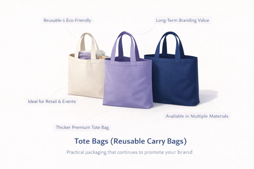 Reusable tote bags in different materials are used for retail and promotional packaging