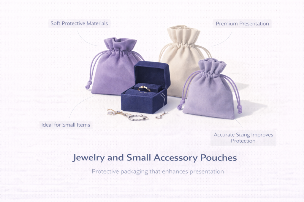 Velvet and fabric jewelry pouches used for premium small item packaging.